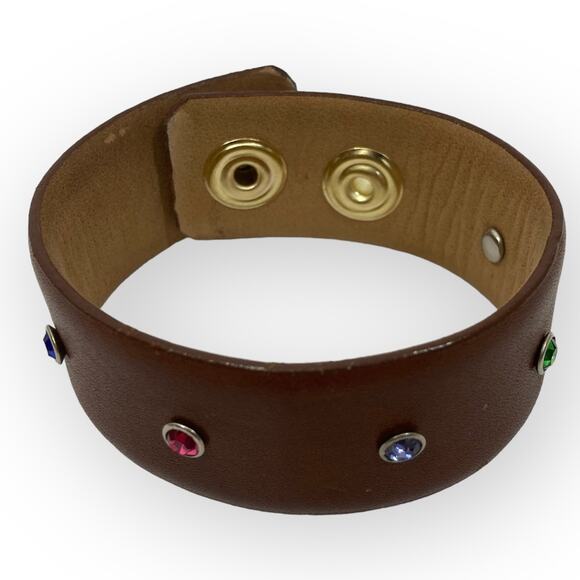 Upcycled crystal leather cuff bracelet made from glove tanned cowhide belt - Picture 1 of 6